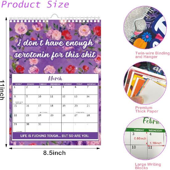 2026 Funny Mental Health Calendar, 12 Monthly Sweary Affirmations for Anxiety & Depression, Humorous Demotivational Quotes Planner, Motivational Cuss