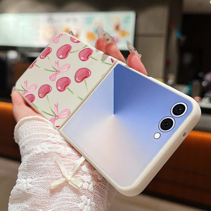Crystal Cherry Fruits Bowknots Pattern Case For Samsung Z Flip 7 6 5 4 Leather Texture Folding Fhone Cover For Galaxy Z Flip7 Flip6 Flip5