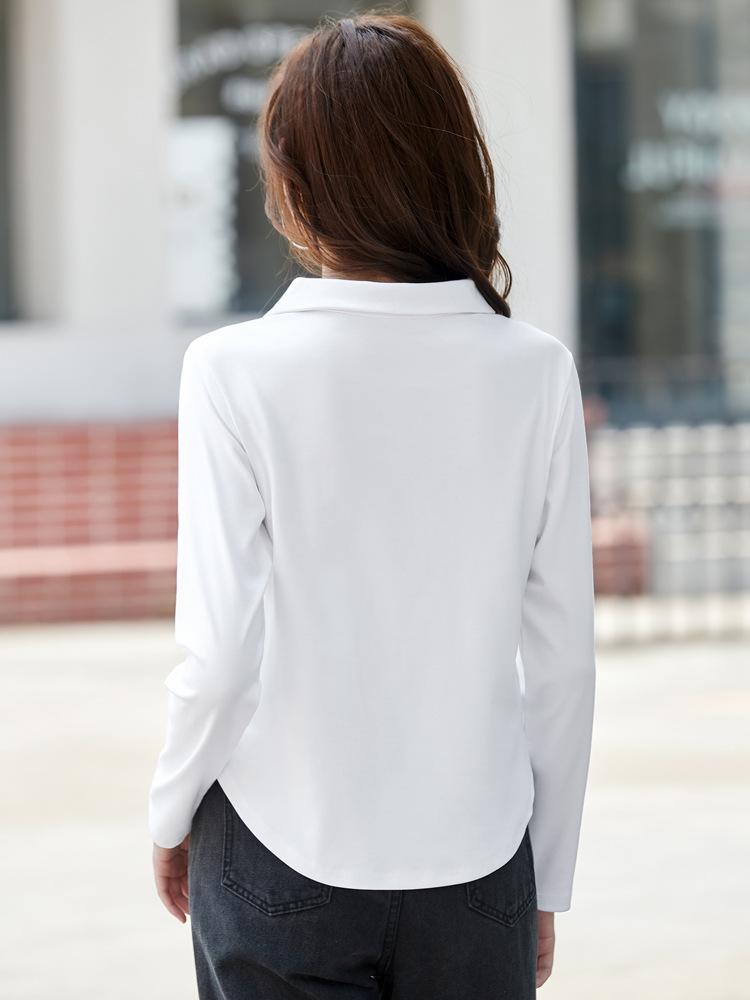 Dámské jednobarevné tričko s dlouhým rukávem s límečkem a zakulaceným lemem - Kolekce podzim 2025