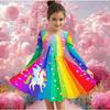 Mädchen Freizeitkleid mit 3D-Einhorn-Print, Rundhalsausschnitt, lange Ärmel, Kinder Prinzessinenkleid