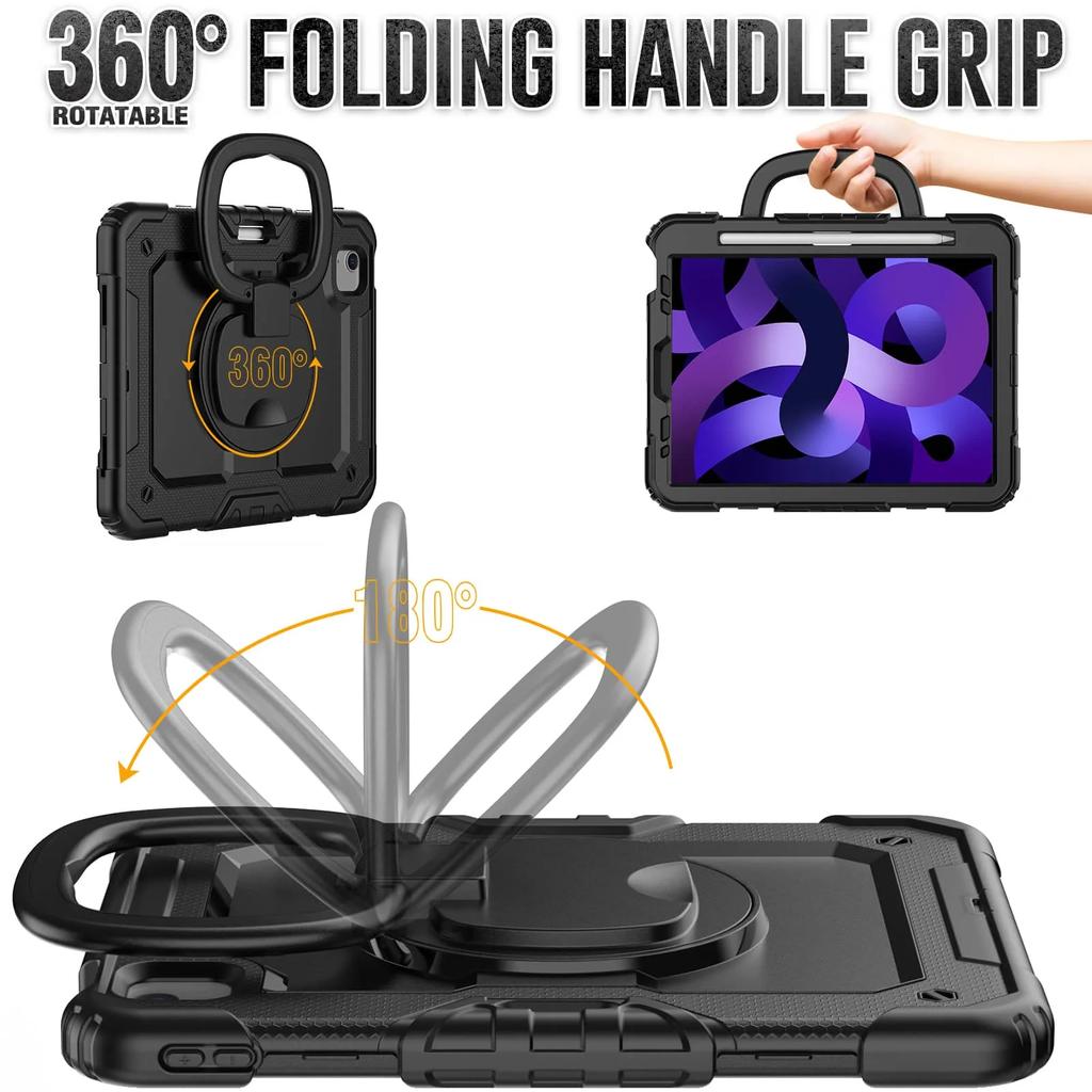 For iPad Pro 11''/Air 4/5,Military Grade Shockproof Protective Silicone Cover 360 Folding Handle Grip + Handle Shoulder Strap