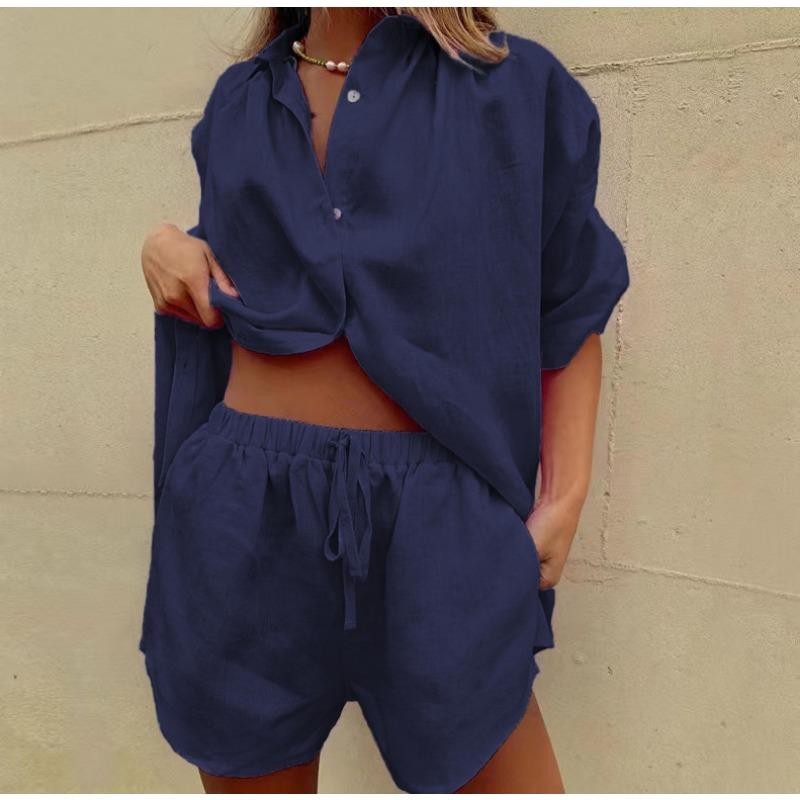 Fashion Solid Shirt Home Suits Casual Short Sleeve Tops + Drawstring Shorts Two Piece Set Summer Women Button Loose Outfit
