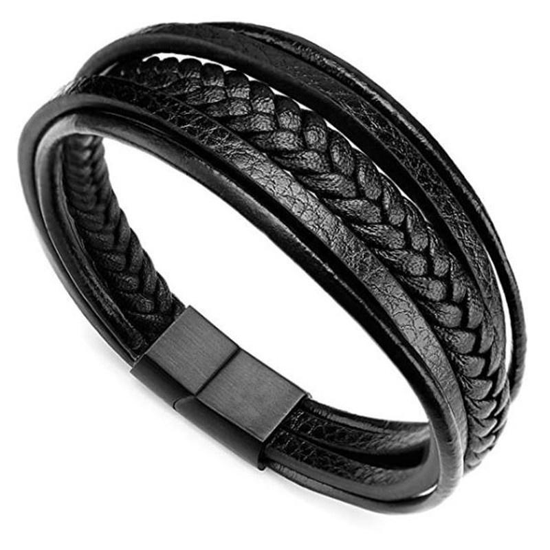 Men's Leather Bracelet Magnetic-Clasp Cowhide Braided Multi-Layer Wrap Bangle Stylish Accessory for Men