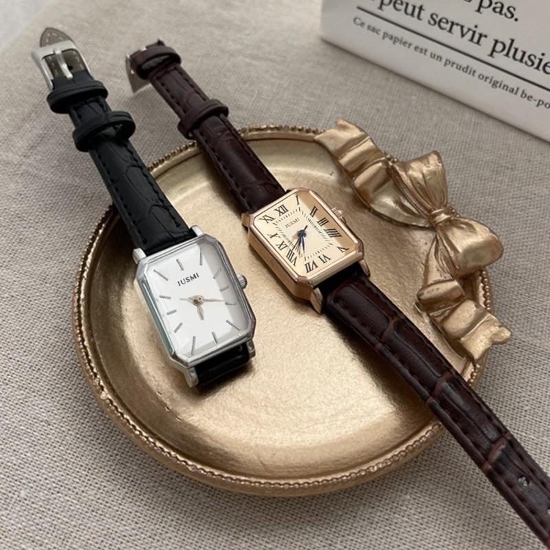 A simple women's watch, a small square watch, and a retro women's quartz watch.
