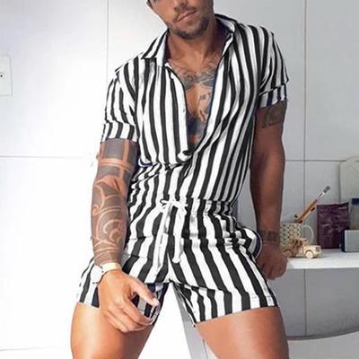 Męski kombinezon w paski, modny, casualowy, z krótkim rękawem, zapinany na guziki, szorty z klapami, kombinezon ze sznurkiem, streetwear XS-3XL