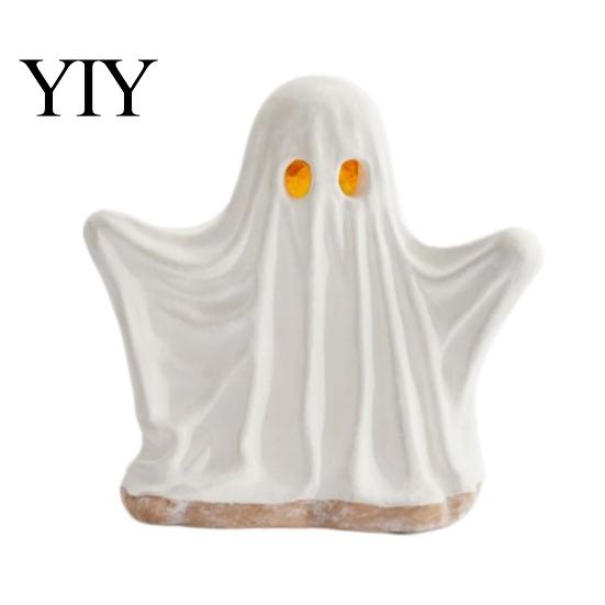 Creative Halloween Room Accents Ghost Ornament with Warm Light, Cute Spooky Luminous Figurine, Modern Resin Holiday Ornaments Night Light for Tabletop