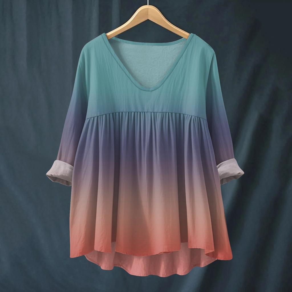 Women's Fashionable And Casual Shirt Long-sleeved V-neck Print Cotton And Linen Blouse