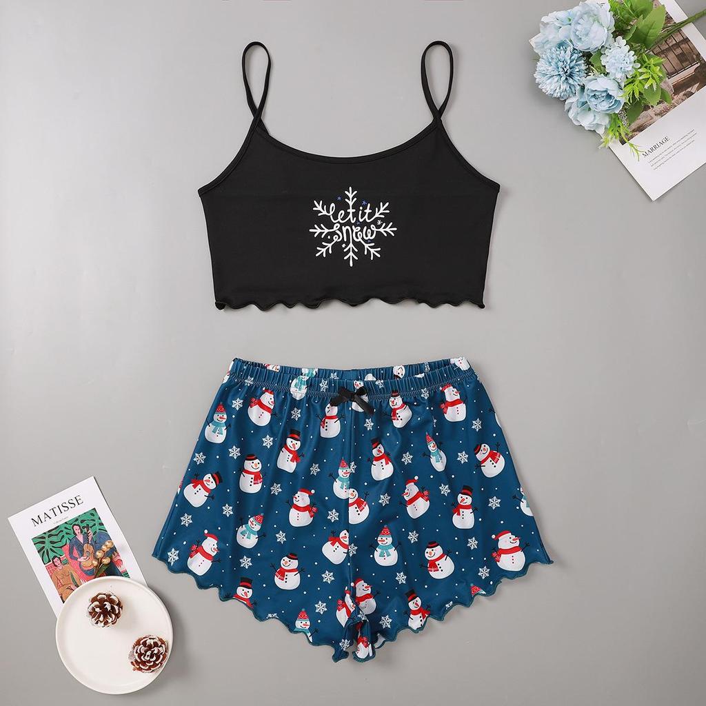 Christmas Style Milk Silk Camisole and Shorts Two-Piece Pajama Set