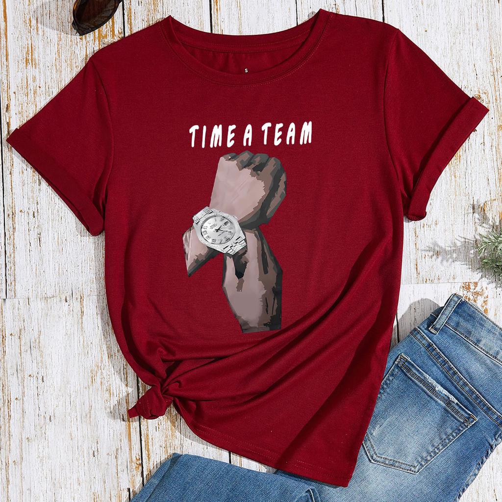 TIME A TEAM HAND Cotton T-Shirt Short Sleeve Round Neck Women 2d Print Tops