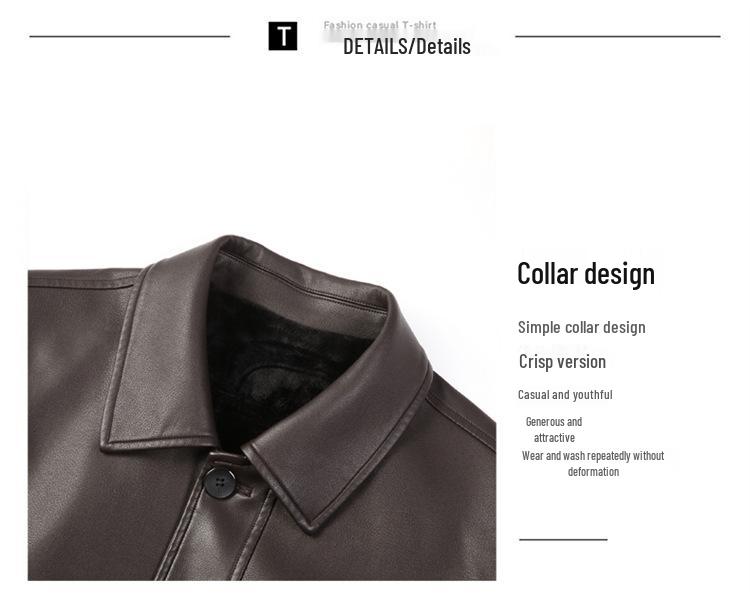Men's Mid-Length Fleece-Lined Leather Jacket with Turn-Down Collar, Plus Size, Casual Coat