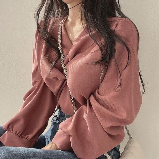 Women Shirt V-Neck Lantern Long Sleeve Pullover Tops Solid Color Knotted Design Regular Fit Tops