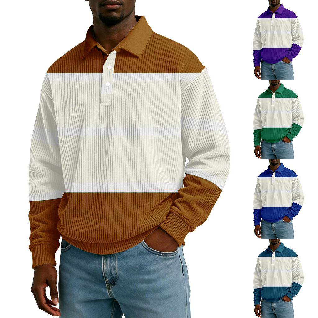 Pánské ležérní volné tričko s límečkem na knoflíčky a dlouhým rukávem