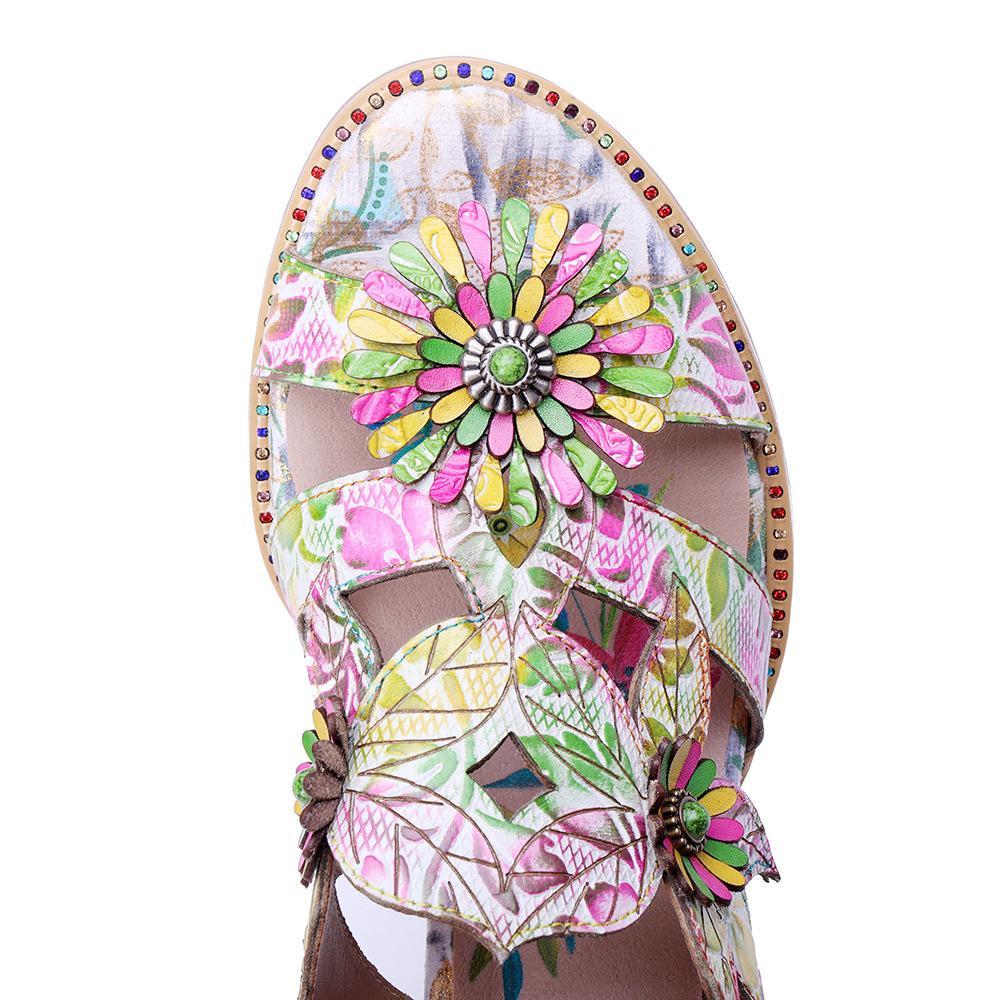 Johnature Retro Three-dimensional Flower Colored Fashion Slippers Genuine Leather Printed Coarse Heel Sandals