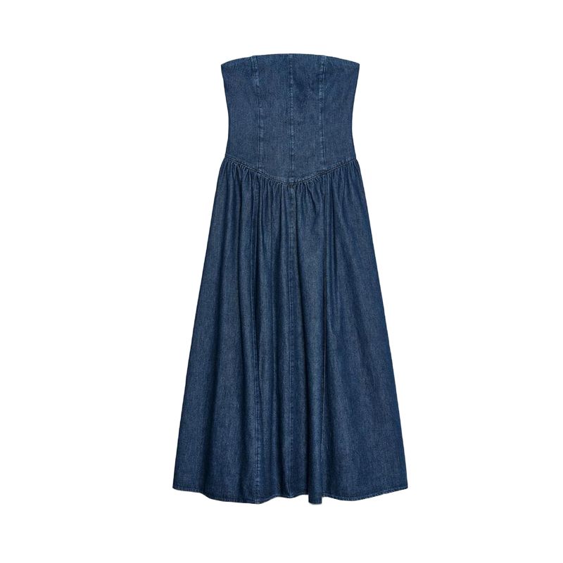 

Spring New Women s Clothing Fashion Style Pleated Decorative Strapless Straight Collar Denim Midi Skirt Dress 6929093 Blue L