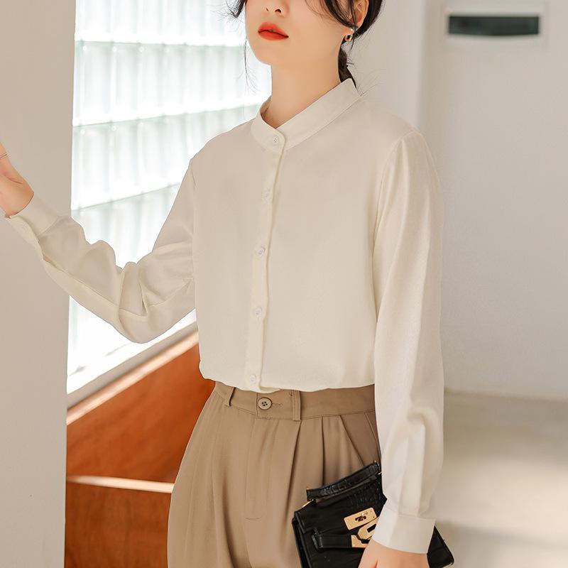 Women's French Style White Chiffon Shirt with Stand Collar for Spring-Autumn
