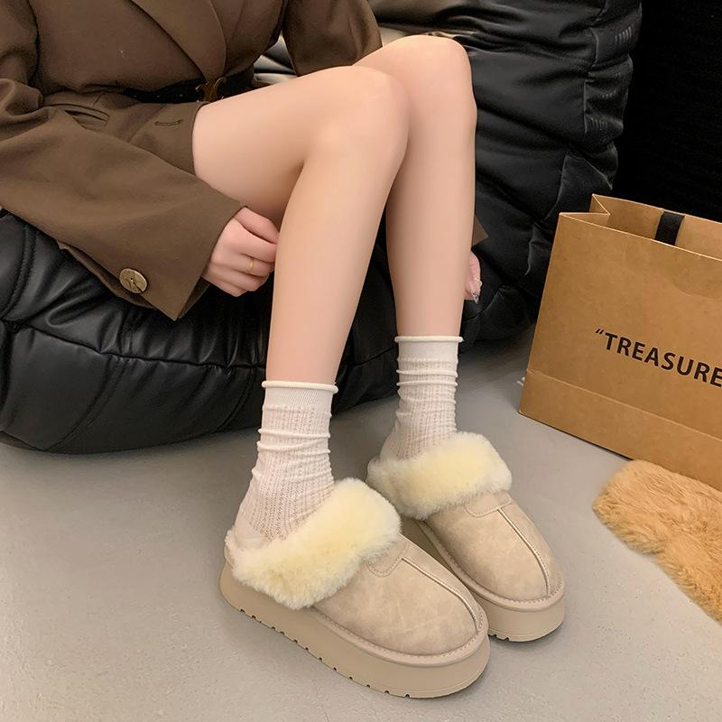 Thick-soled heightening, piled warm snow boots, half-towed fluffy cotton slippers, women's outer wear, new winter one-pedal