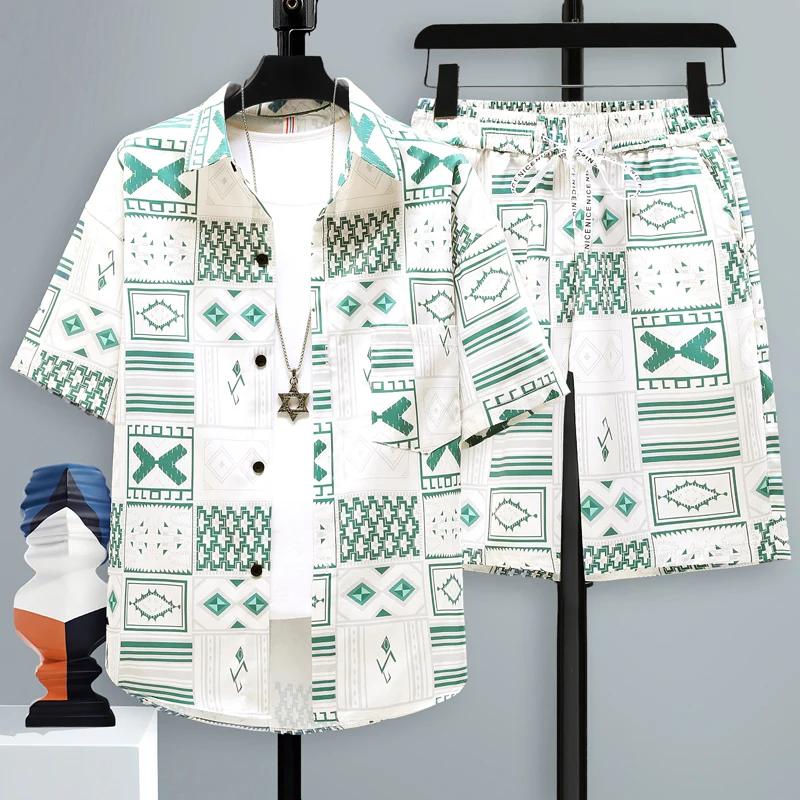 

Trends Men s Set Suit New Summer Men s Suit Printing Short Sleeve Shirt Shorts Korean High Street Harajuku Mens Fashion Clothing S