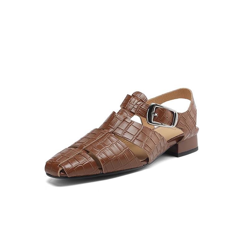 Fashion Women's Cow Leather Square Toe Hollow-out Ankle Strap Low-heel Sandals High Quality Soft Comfortable Elegant Ladies Daily Shoes