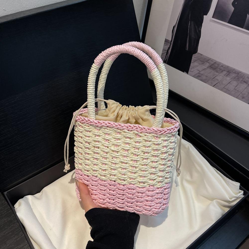 Casual Weave Straw Bag Colorful Patchwork Striped Handbag Fashion Beach Bag  Travel