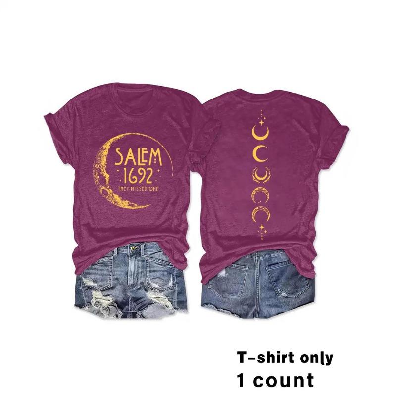 Women's Summer Moon and Letter Round Neck Pullover Short Sleeve T-Shirt