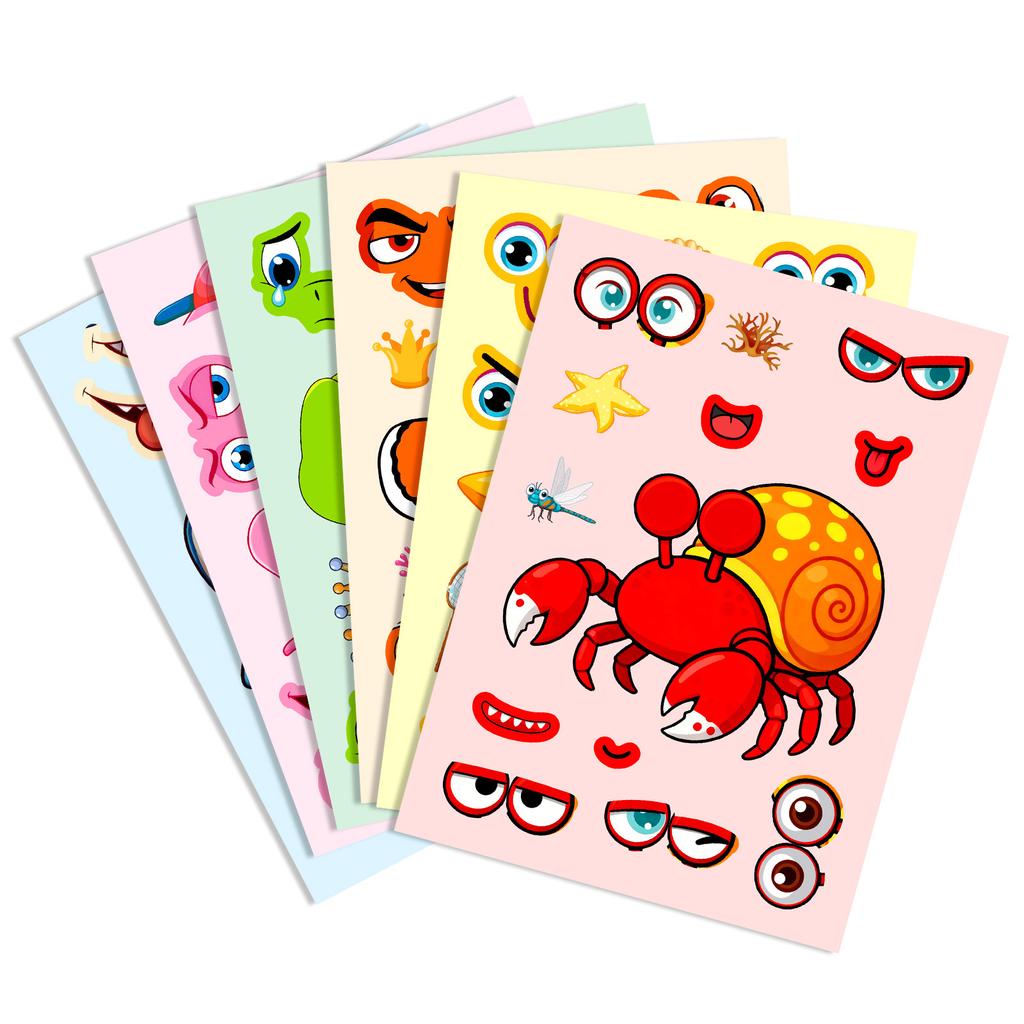 6/12 Pcs Large New Marine Life Puzzle Make A Face Stickers for Stationery Box Laptop Wall Notebook DIY Game Decals