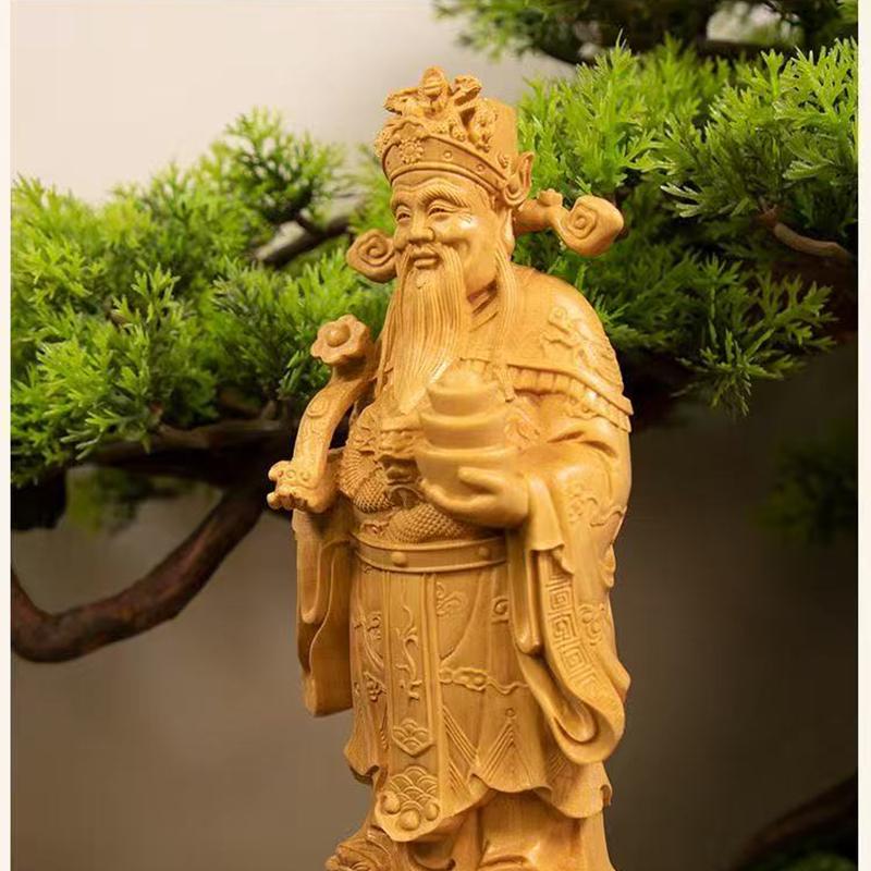 Wood carving Ruyi God of Wealth sculptures and figurines Solid wood carving Home Room Office Wealth Luck Feng Shui Decor statue