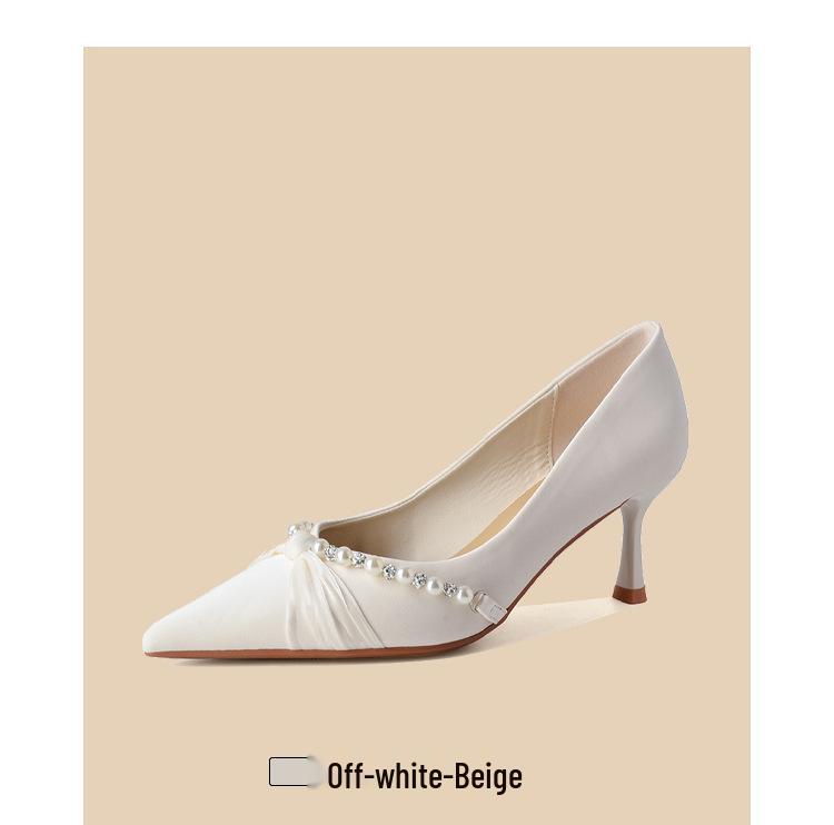Knotted Pearl Xiuhe Bridal Shoes: Women's Silk Sheepskin High Heel Stilettos with Pointed Toe