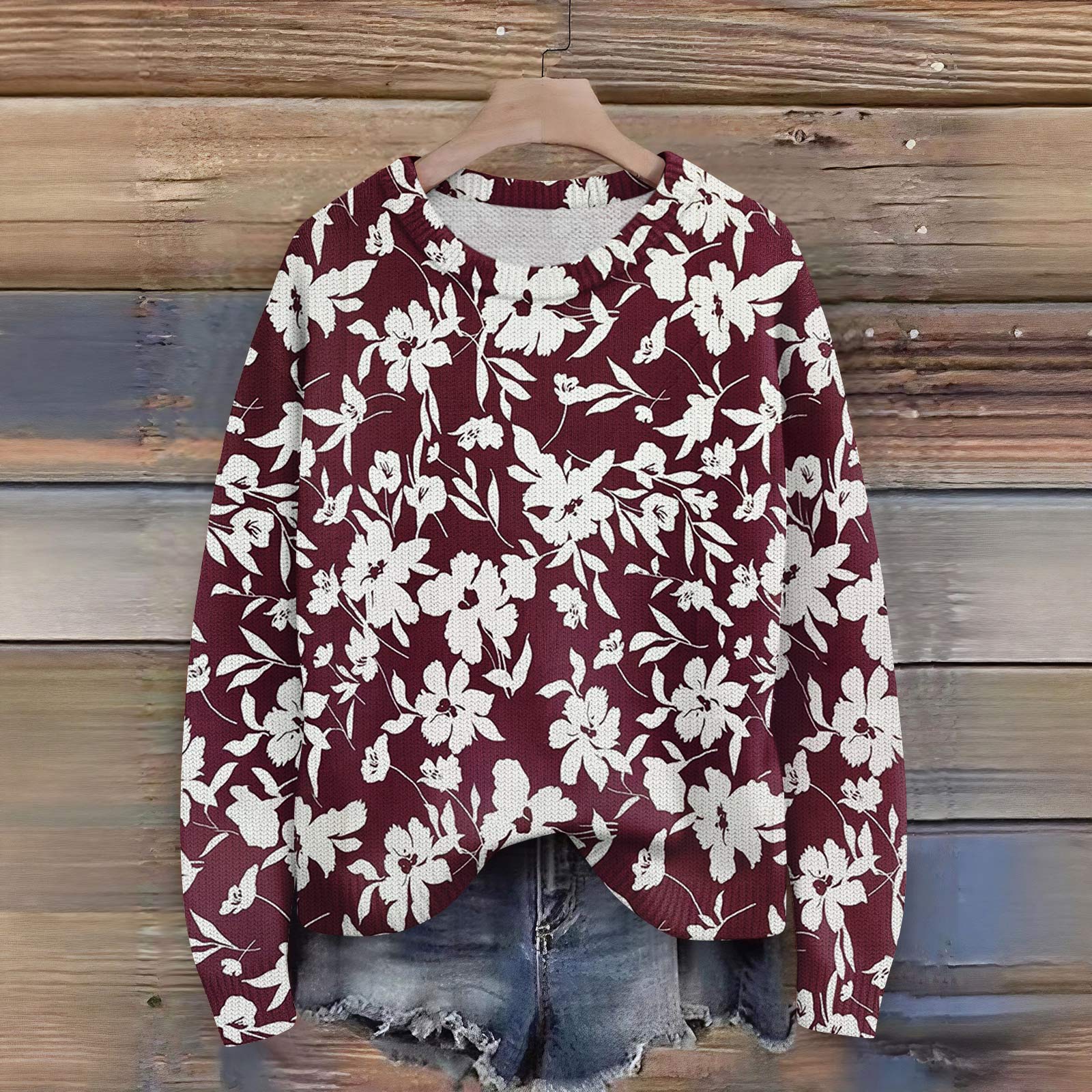 

Пуловеры с длинным рукавом для женщин, с круглым вырезом, повседневные, милые, с принтом, вязаные, оверсайз M винный