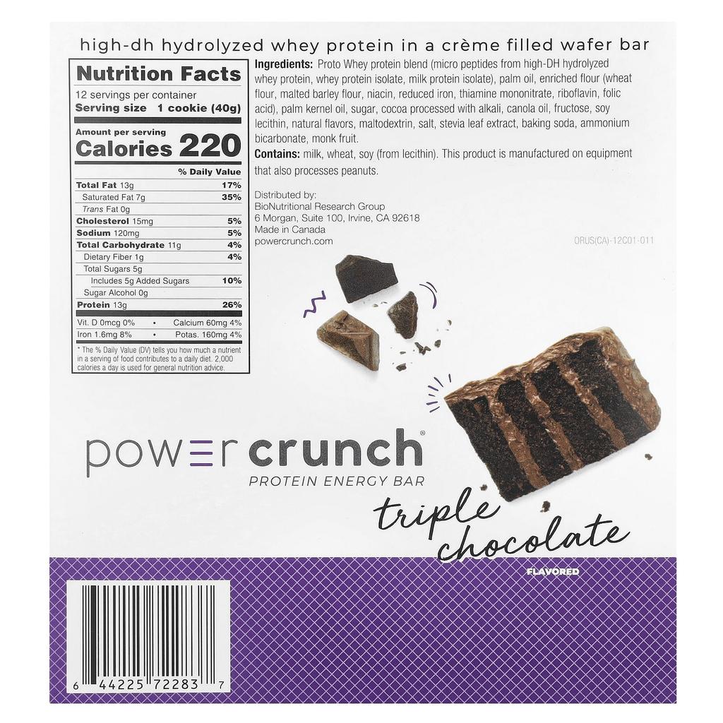 Power Crunch Protein Energy Bar, Triple Chocolate, 12 Bars, 40G (1.4Oz) Each