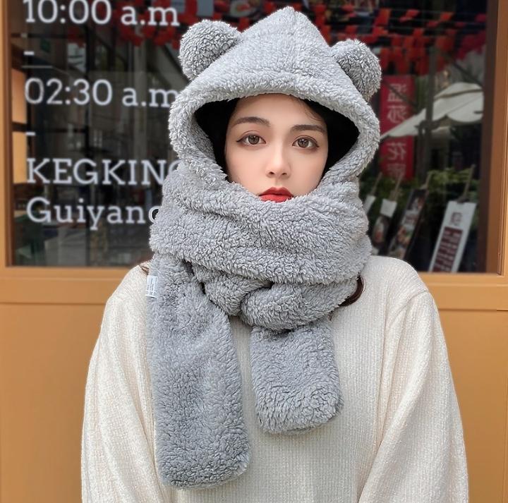 

Новый милый набор шапка с медвежьими ушками, шарф и перчатки, зимние женские шапки-бини, теплый плюшевый флис, повседневные однотонные шапки, кавайный подарок серый