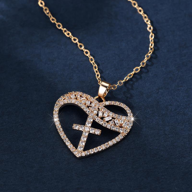 Women's Heart With Cross Necklace Love Heart White Cubic Zirconia Gold Color Clavicle Chain Gift