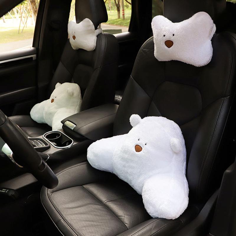 Cartoon Bear Headrest & Neck Pillow: Cute Plush Lumbar Support for Comfortable Car Rides