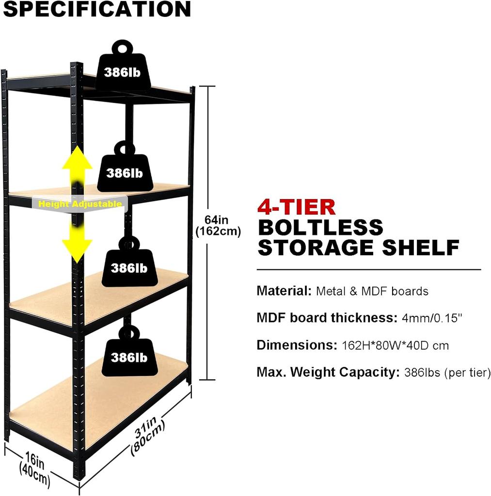 DayPlus Storage Shelves 4 Shelf Basement Shelving,  Shelving Unit Organizer, 386lbs Loading Capacity Per Tier, Steel Adjustable