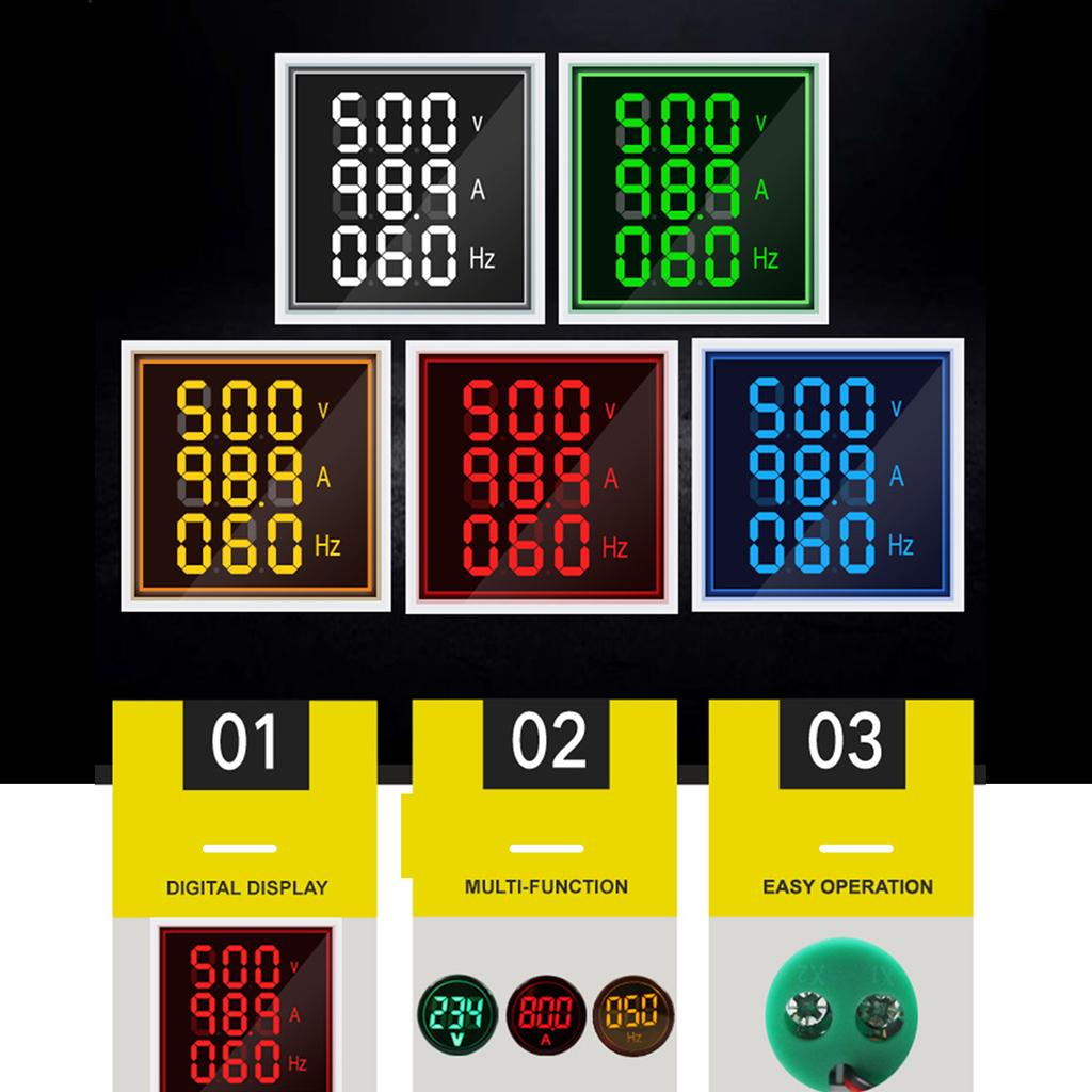 ThreeDigit Display AC Current Voltage Frequency 3in1 Indicator 22mm Square Head LED