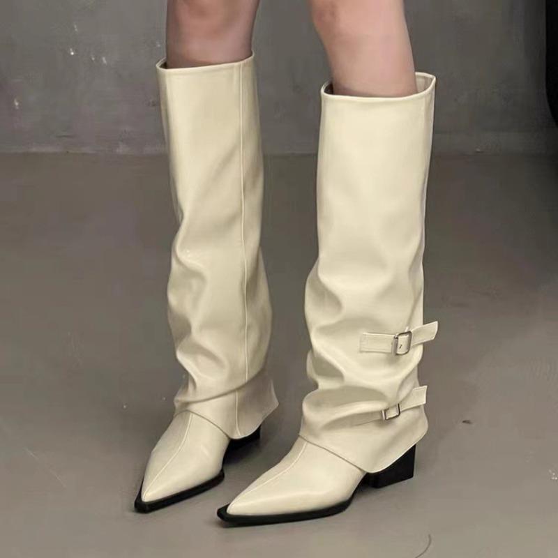 Fashion Women's Knee High Boots Fashion Thick-heeled Pointe Leather Boots Designer Belt Buckle High-Tube Long Boots Women Knight Booties