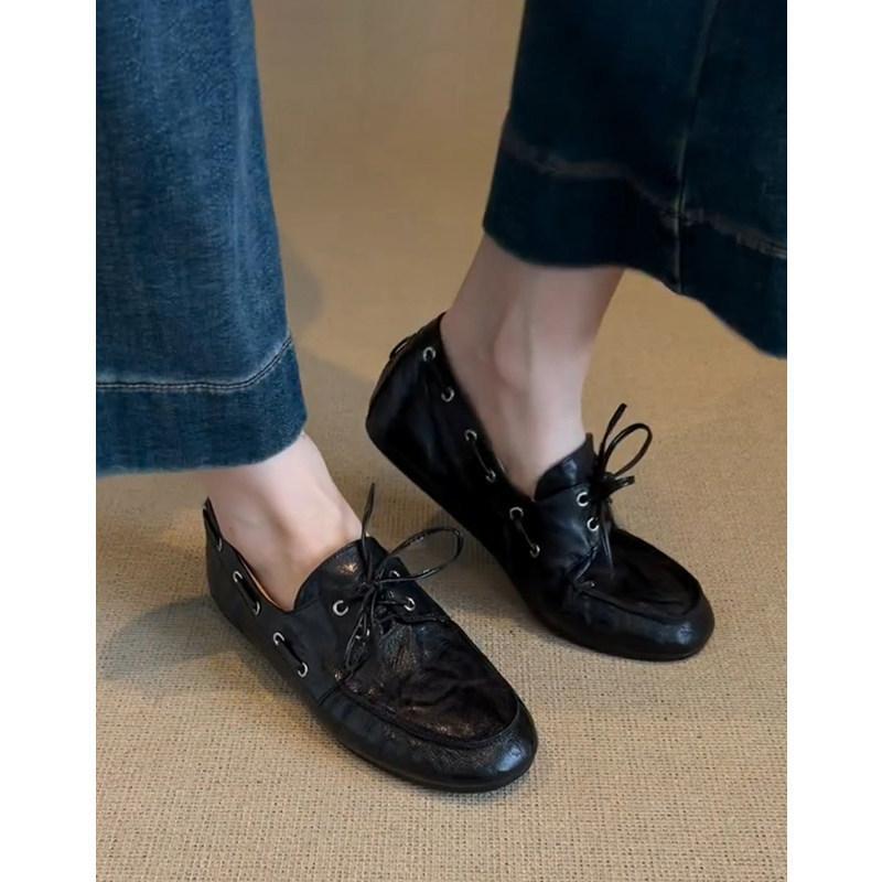 Washed soft cowhide British retro round head small leather shoes women's simple commuting leather flat single shoes loafers