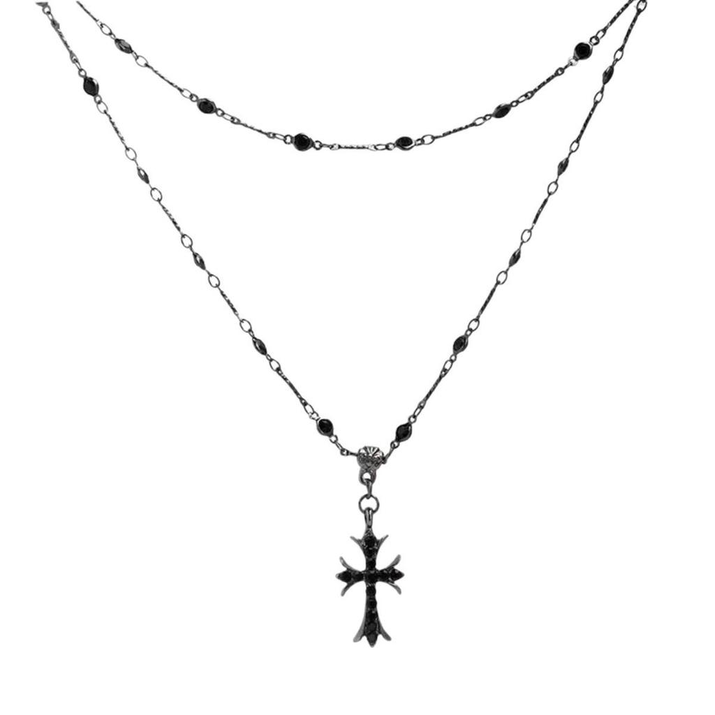 Unisex Zircon Cross Double Layer Beaded Necklace