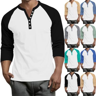 Men's Button-Down Contrast Raglan 3/4 Sleeve Top