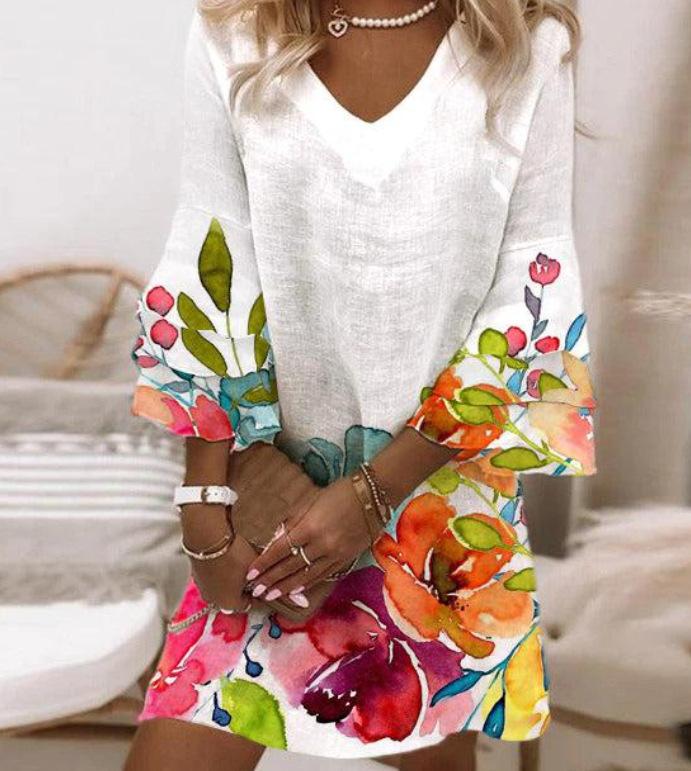 New, Fresh Printed V-Neck 3/4 Sleeve Mini Ladies Dress