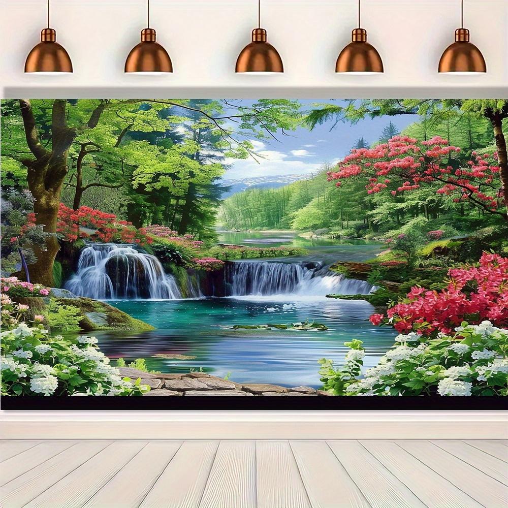 Polyester Landscape Waterfall and Forest Flower Background Banner - Universal Multi purpose Indoor and Outdoor Decoration
