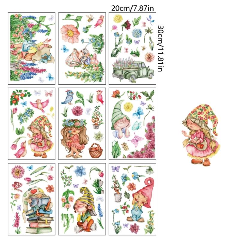 9 Sheets Spring Flower Butterfly Gnomes Window Sticker Reusable PVC Decal Glass Door Clings for Home School Party Decors