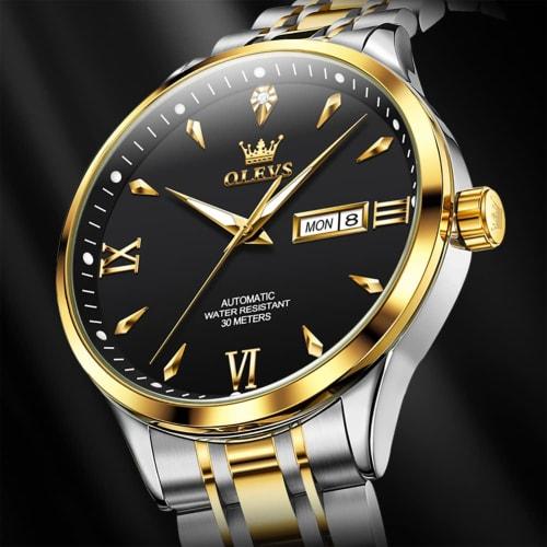 OLEVS Men's Mechanical Wristwatch, Automatic/Hand-Wound, Waterproof, Luminous, Date Display, Stainless Steel, Father's Day Gift, Black