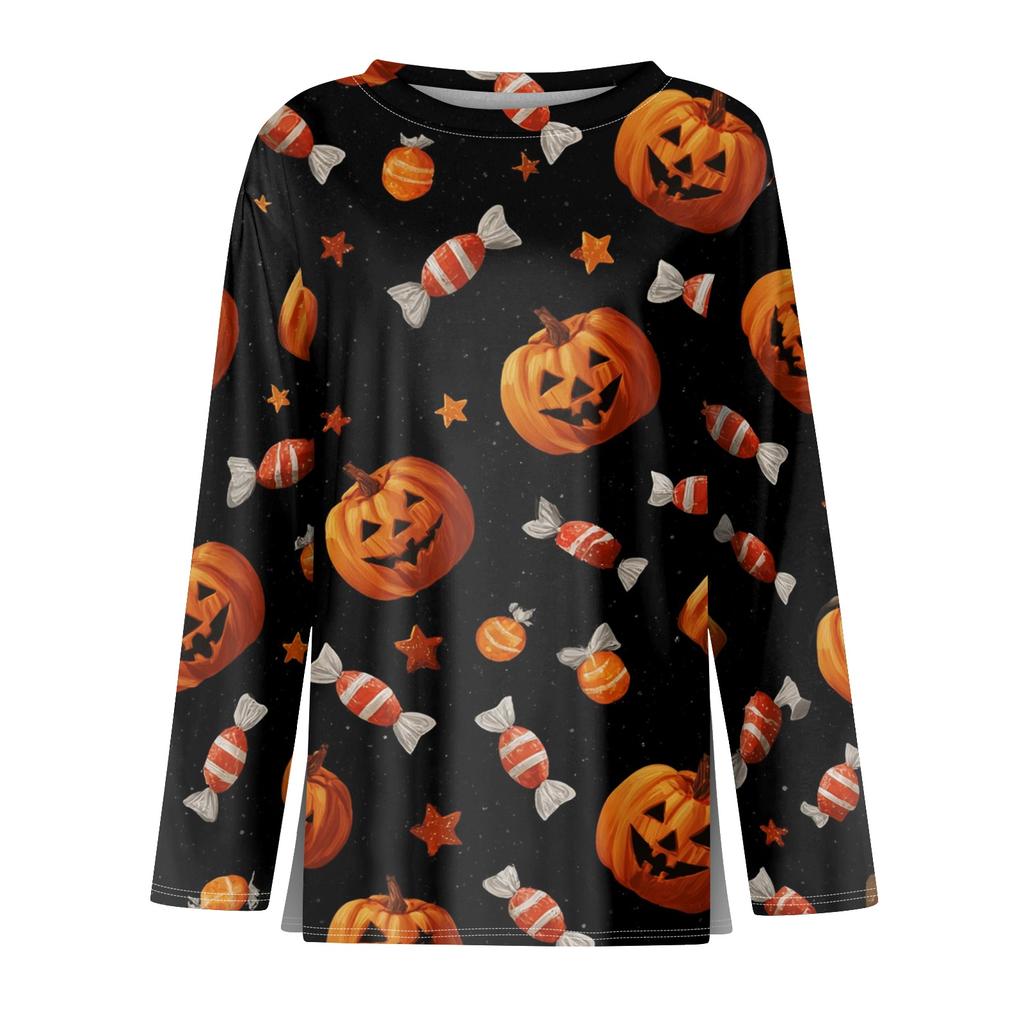 Womens Halloween Print Long Sleeve Top Round Neck Casual Pullover Shirt with Side Slit Hem Lightweight Stretchy Fabric