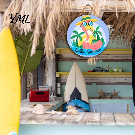 Natural Hemp Rope Wood Plaque Summer Wooden Hanging Sign, Beach Style Wall Decor with Rope, Bright Printed Sign Indoor Outdoor Theme Decoration