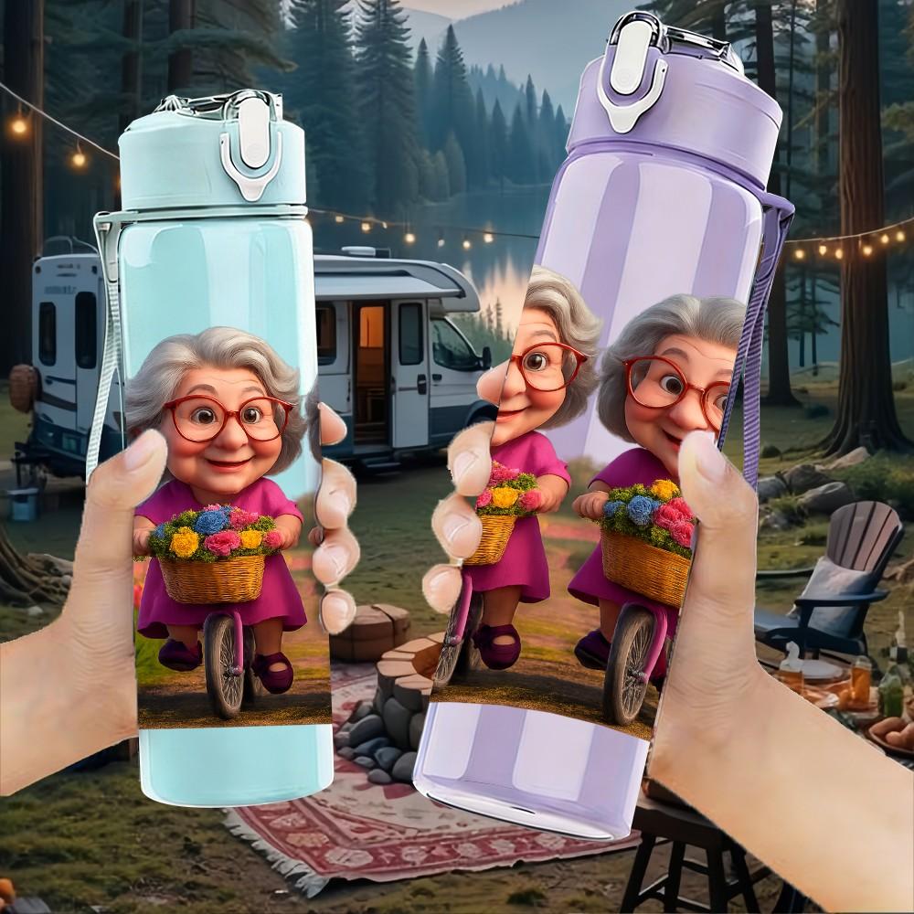 1PC Two Elderly Old Ladies Portrait Print 750ml Color Plastic Sports Water Bottle Leakproof Flip Straw Lid Suitable for Sports Office Home Use