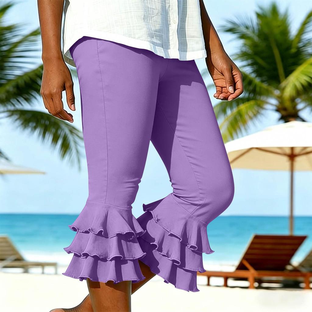 Damen Y2K Style Yoga Capri-Hose Lagen-Rüschensaum Kurze ausgestellte Leggings Sommerlich Lässig Stretch Schlanke Passform Ausgestellte Hose