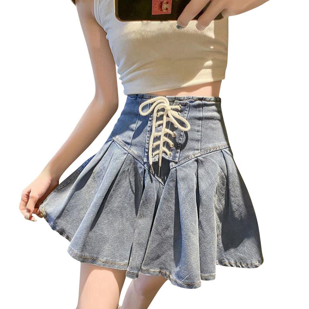 Women's Fashion Anti-Walking Denim Pleated Skirt Corseted Half-body Skirt With Lined Word Short Skirt