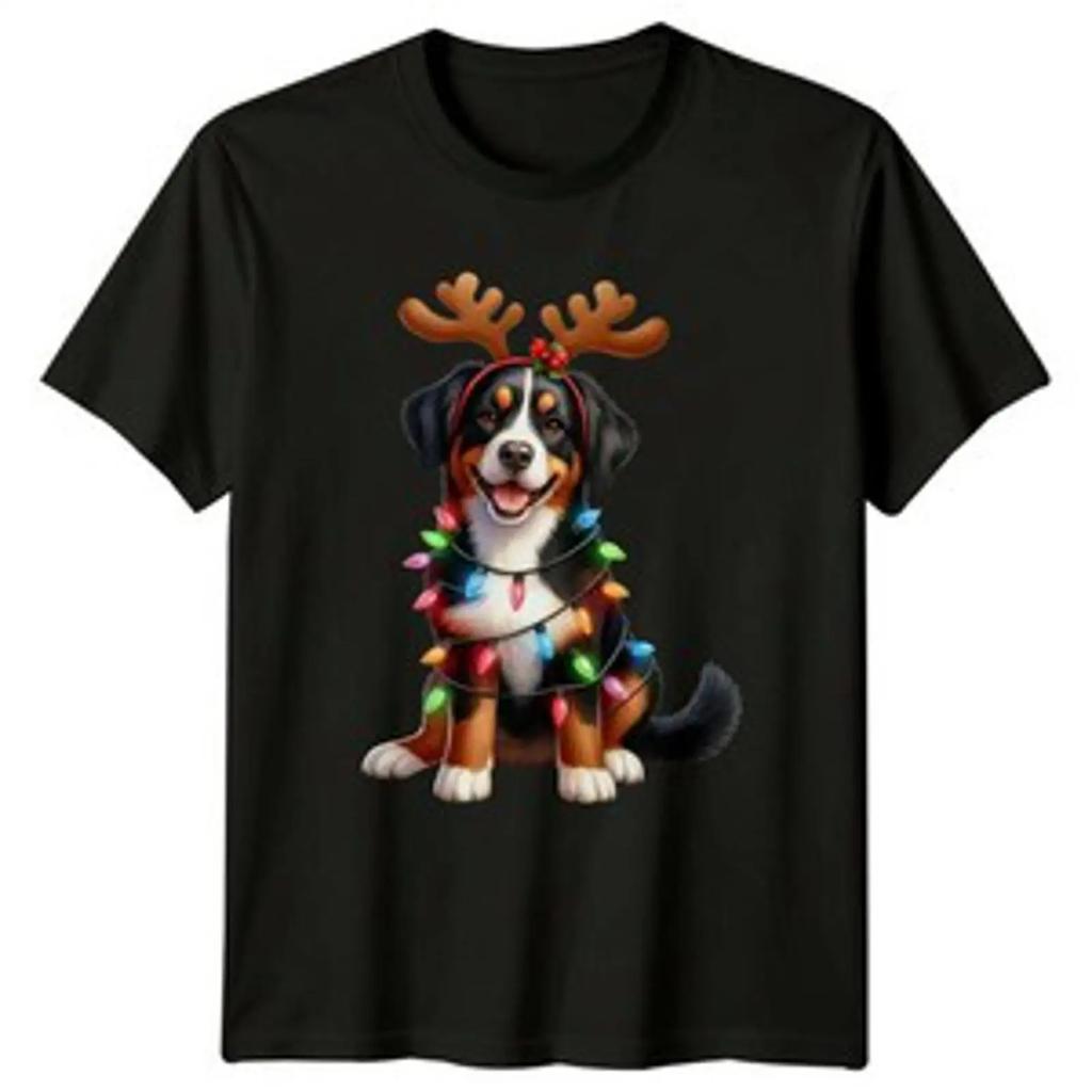 Berner Hund Weihnachtsbeleuchtung Feiertage Herren T Shirt Daunisex Grafik Top Vintage Casual Comfortable Versatile