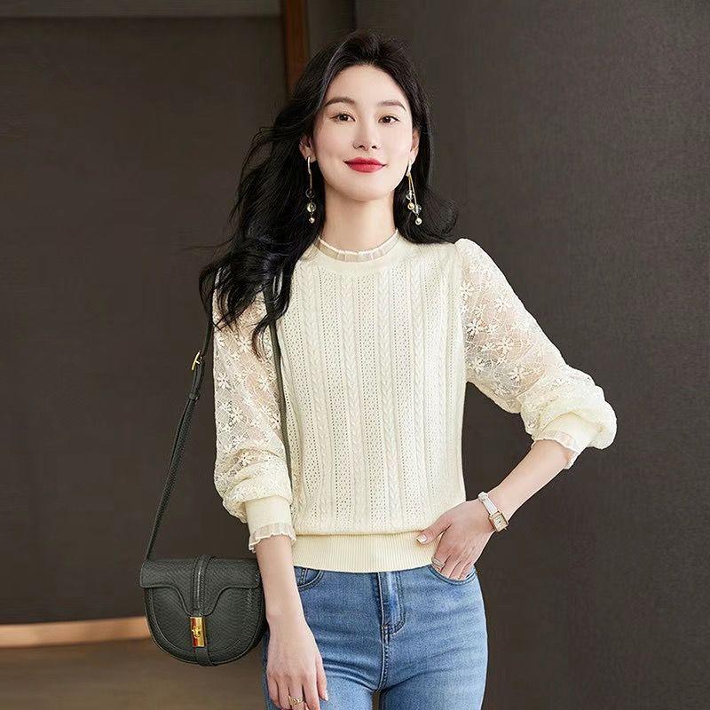 Spring Women's Lace Lantern Sleeve Hook Flower Hollow Knit Sweater Thin Cut with Black Fungus Collar Short Base Top