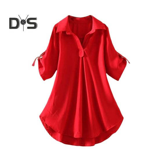 

Женская рубашка с лацканами и половиной рукава, повседневные топы средней длины, сплошной цвет с талией, обтягивающая свободная шифоновая блузка, повседневная одежда XL красный